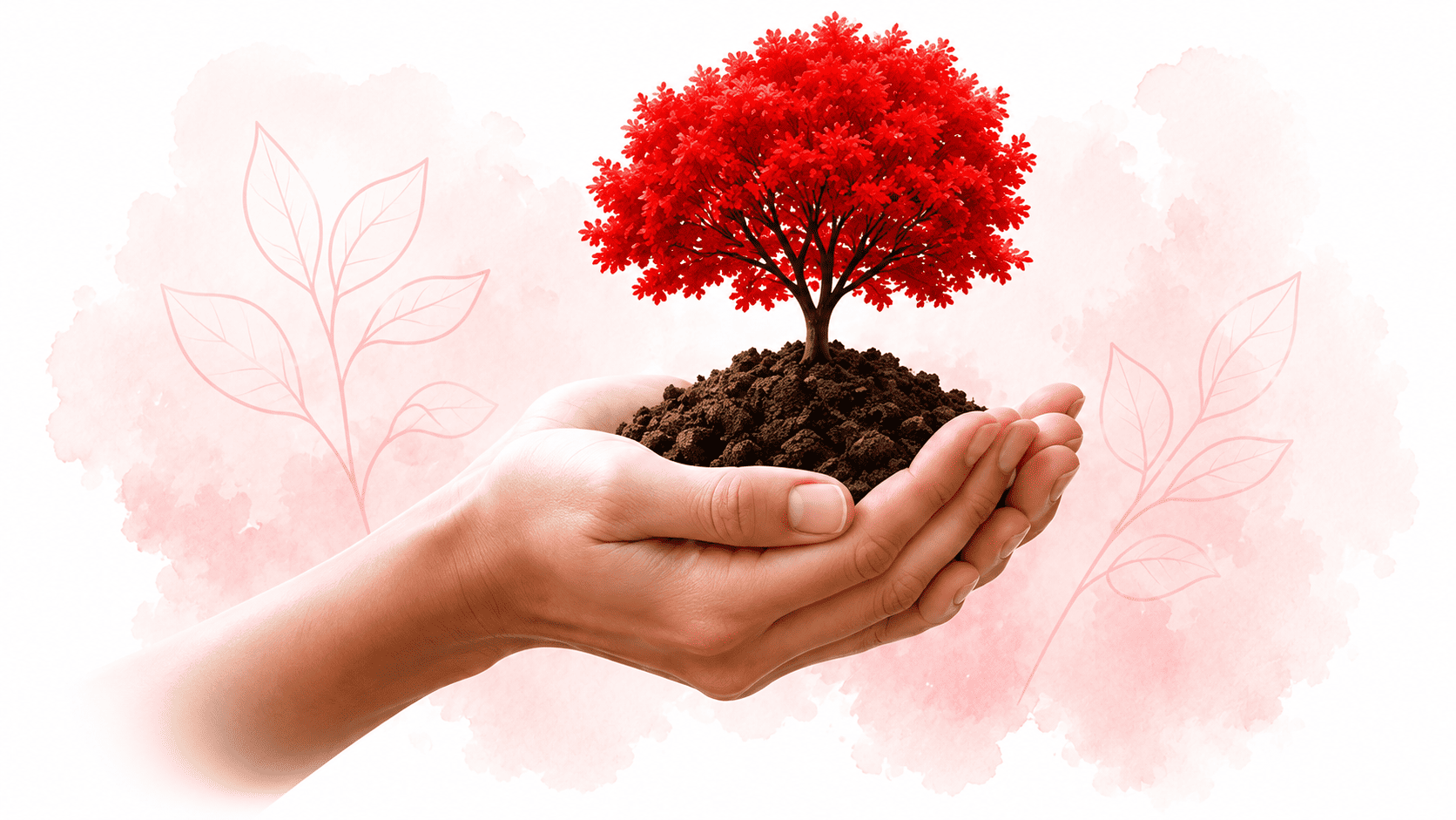 Árbol rojo creciendo sobre unas manos